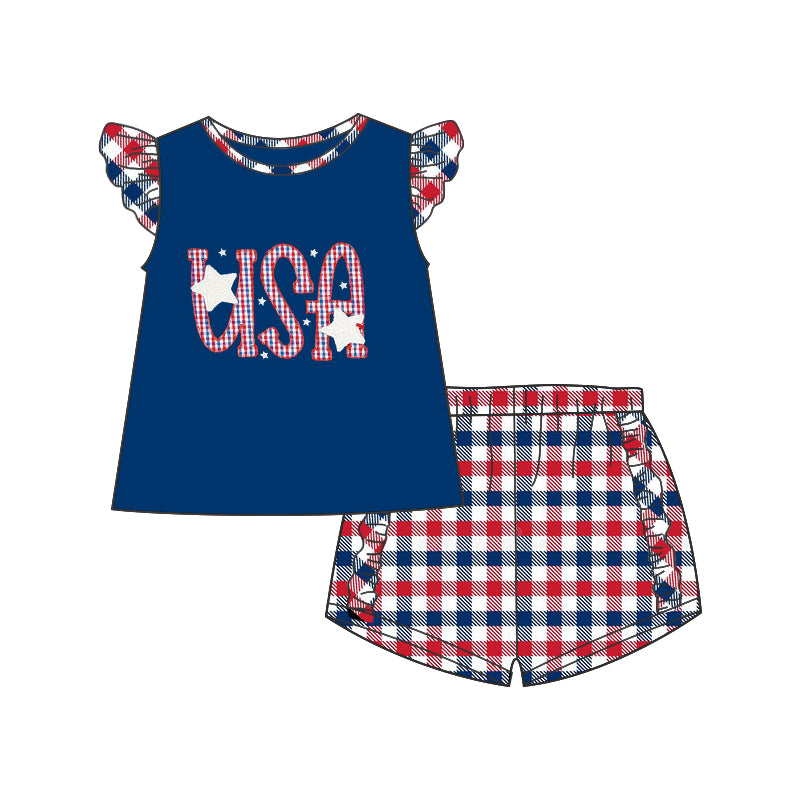 Baby Girls Toddler USA Tee Shirts Blue Red Checkered Shorts Clothes Sets preorder