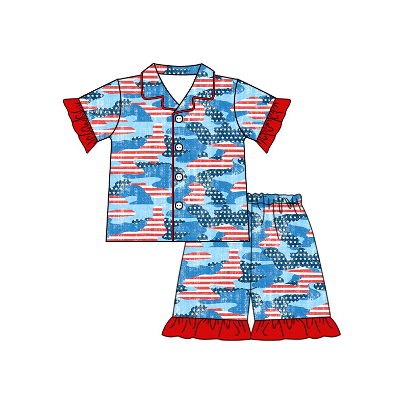 Baby Girls 4Th Of July Stars Tie Dye Ruffle Buttons Summer Pajamas Clothes Sets Preorder