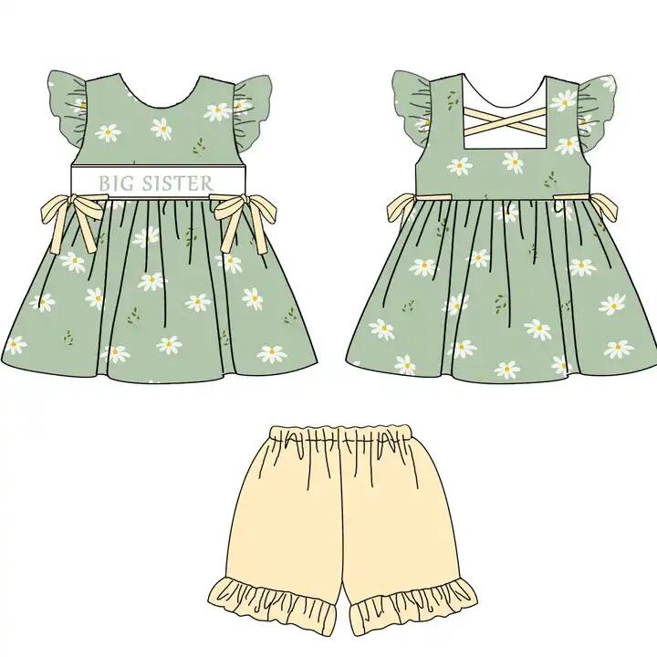 Baby Girls Little Sister Green Flowers Tunic Shorts Outfits Clothing Sets Preorder