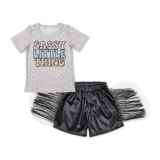 Baby Girls Sassy Little Thing Tee Tops Tassel Leather Shorts Outfits Clothes Sets