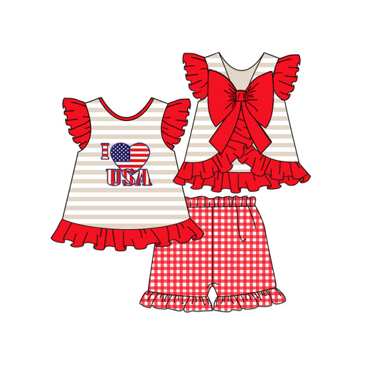 Baby Girls I Love USA Heart Bow Tunic Top Shorts Outfits Clothes Sets Preorder