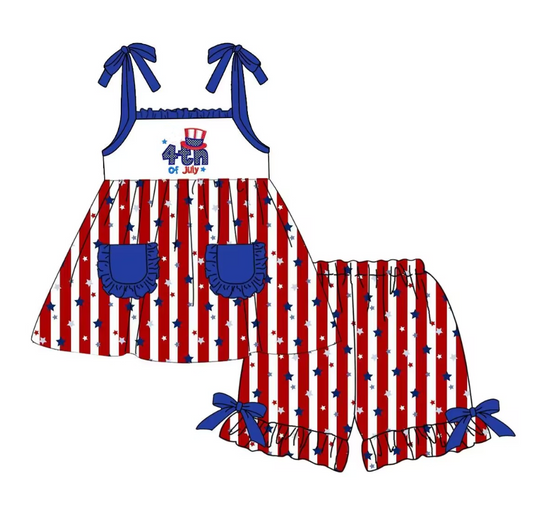 Baby Girls 4th Of July  Pockets Tunic Tops Ruffle Shorts Clothes Sets Preorder