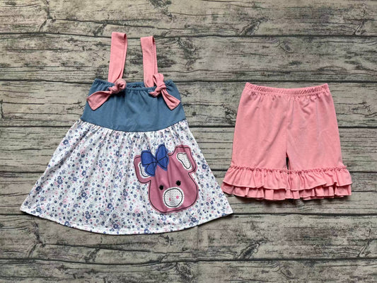 Baby Girls Pink Straps Pig Tunic Top Ruffle Shorts Outfits Sets