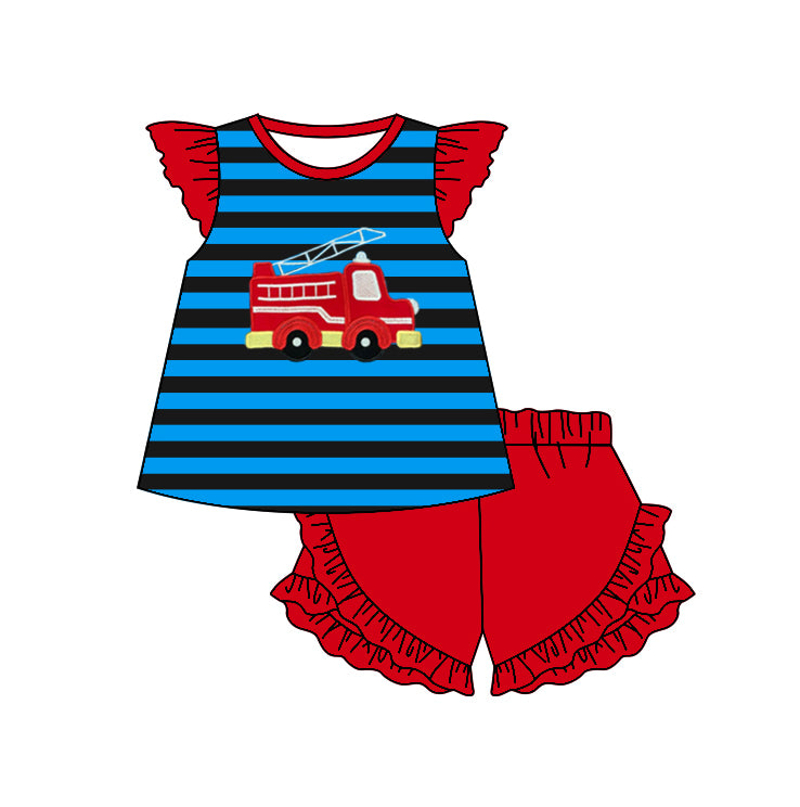 Baby Girls Flutter Sleeve Firetruck Tunic Ruffle Shorts Clothes Sets Preorder