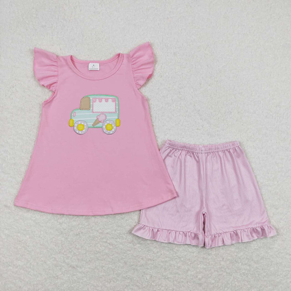 Sibling Baby Girls Flutter Sleeve Embroidery Ice Creams Tunic Ruffle Shorts Clothes Sets