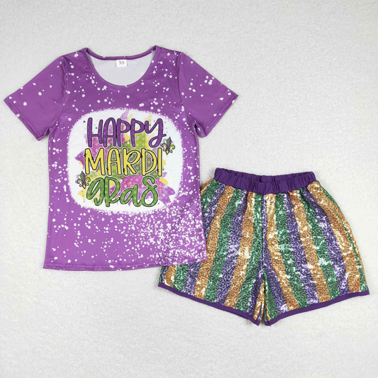 Adult Women Purple Mardi Gras Shirts Sequin Shorts Clothes Sets
