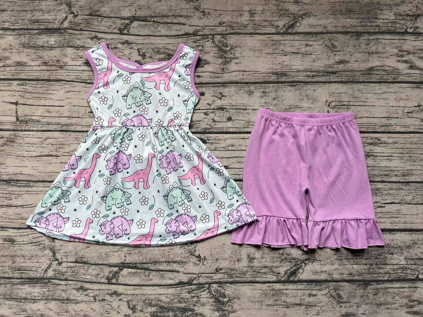 Baby Girls Purple Dinosaur Bow Tunic Ruffle Shorts Clothes Sets