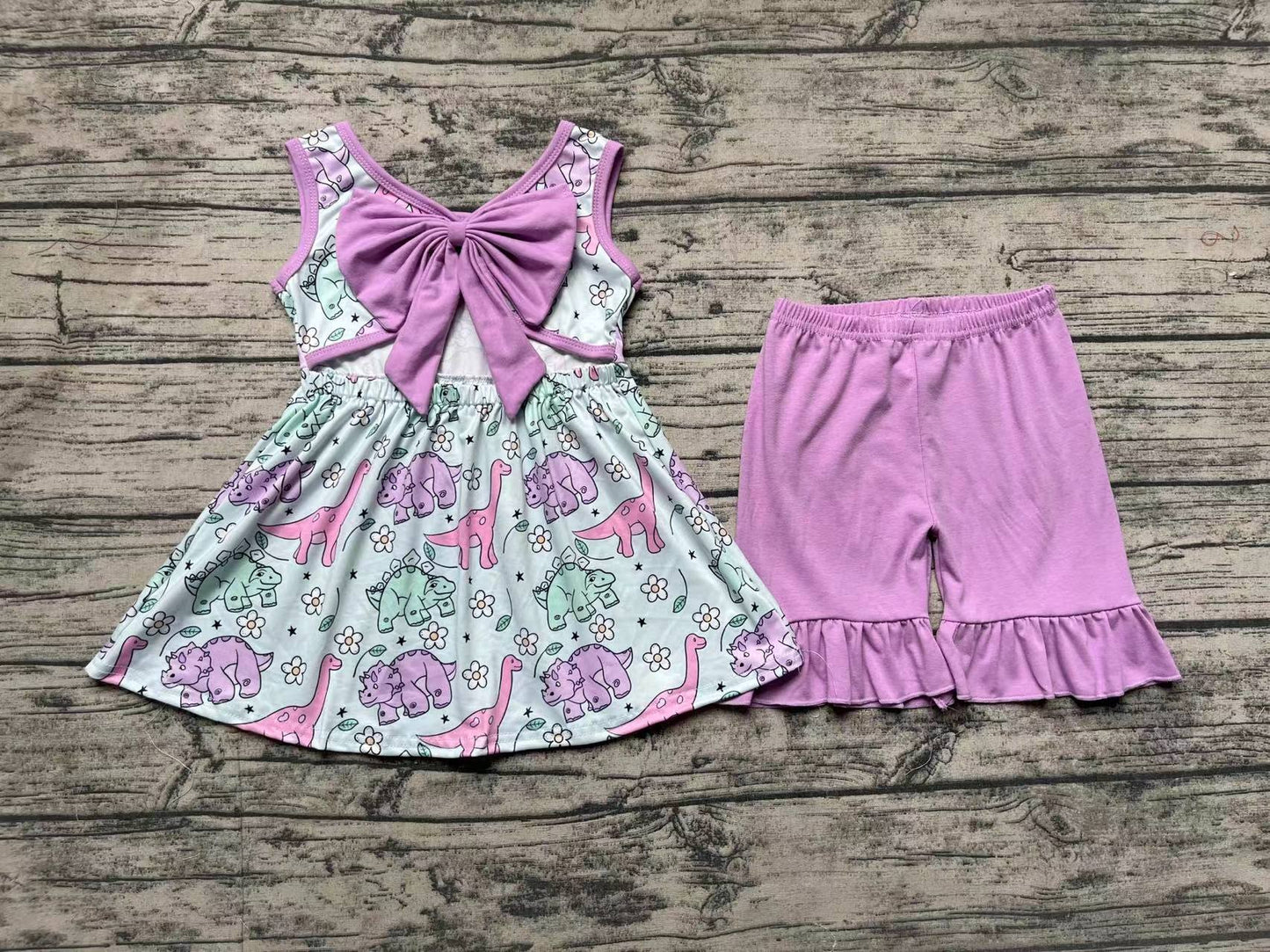 Baby Girls Purple Dinosaur Bow Tunic Ruffle Shorts Clothes Sets