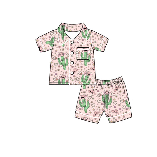 Baby Girls Western Pink Cactus Buttons Shirts Shorts Summer Pajamas Clothes Sets Preorder