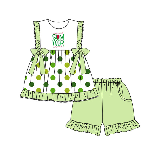 Baby Girls Summber Green Dots Tunic Ruffle Shorts Clothes Sets Preorder