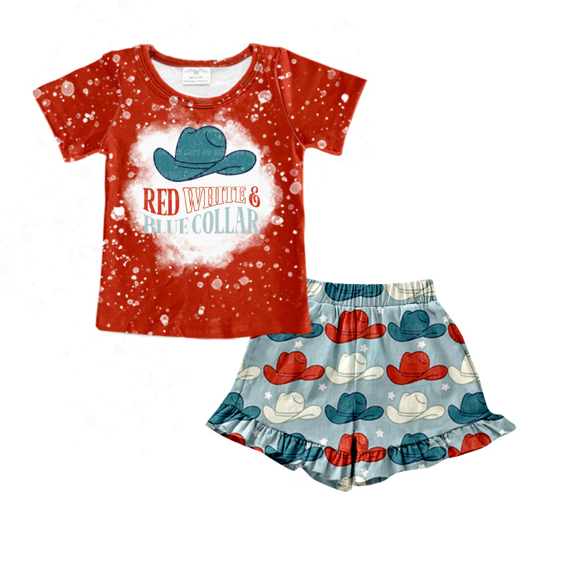 Baby Girls Red Western Hats Top 4th Of July Shorts Clothes Sets Preorder