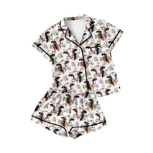 Baby Girls Western Cows Flowers Buttons Shirts Shorts Pajamas Clothes Sets Preorder