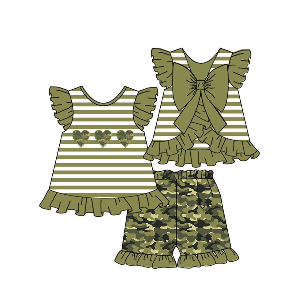 Baby Girls Green Stripes Hearts Tunic Top Ruffle Camo Shorts Clothes Sets Preorder