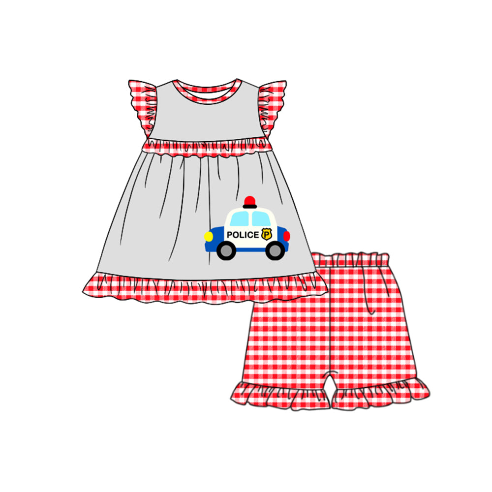 Baby Girls Police Car Tunic Top Ruffle Shorts Clothes Sets Preorder