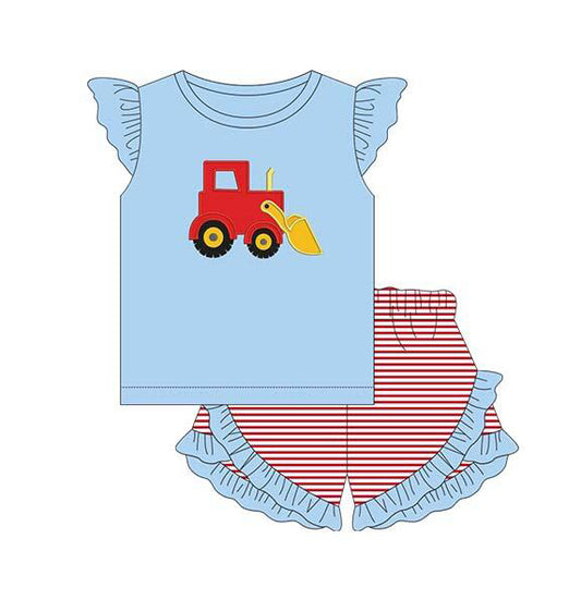 Baby Girls Blue Construction Digger Shirts Top Summer Shorts Clothes Sets Preorder