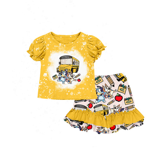 Baby Girls Dog Back To School Shirts Ruffle Shorts Clothes Sets Preorder