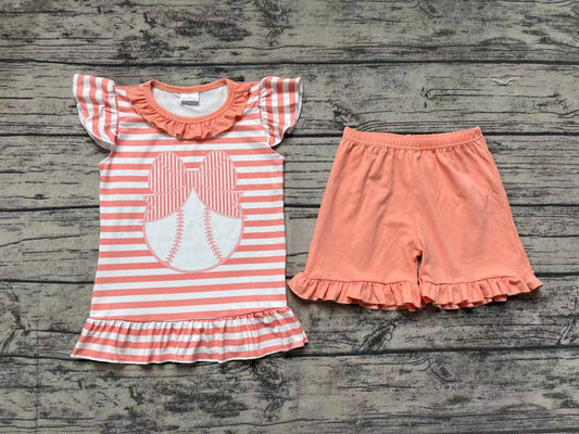 Baby Girls Baseball Bow Flutter Sleeve Top Ruffle Shorts Clothes Sets