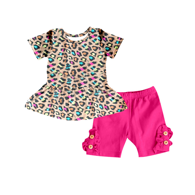 Baby Girls Colorful Leopard Tunic Top Buttons Dark Pink Shorts Clothes Sets Preorder