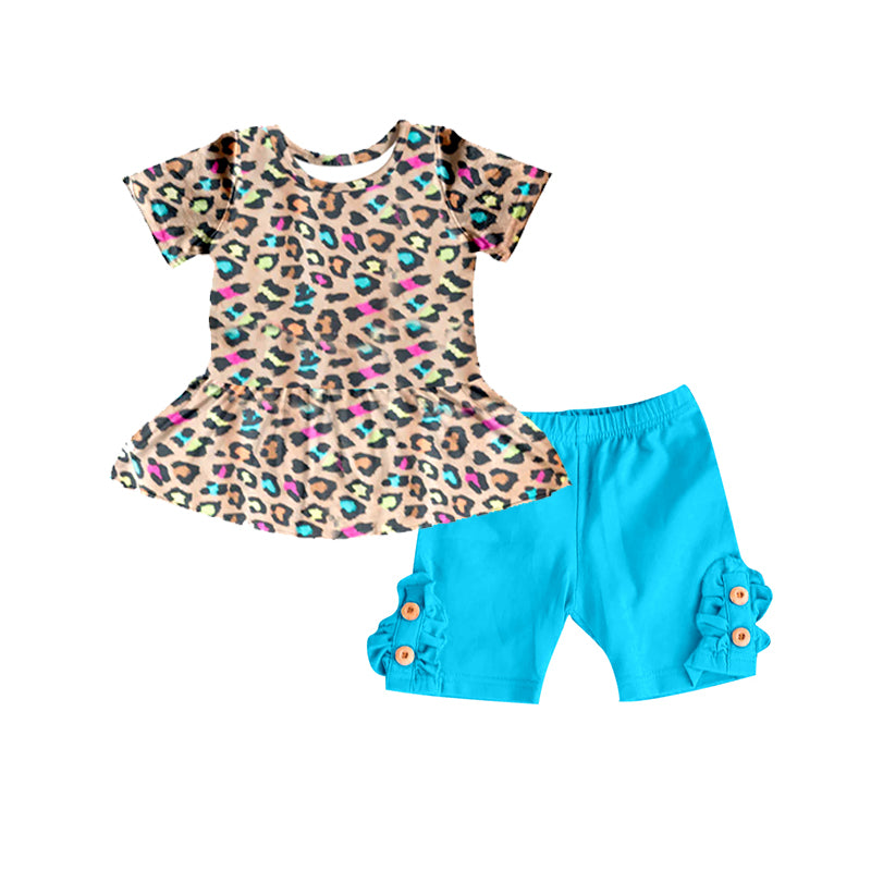 Baby Girls Colorful Leopard Tunic Top Buttons Light Blue Shorts Clothes Sets Preorder