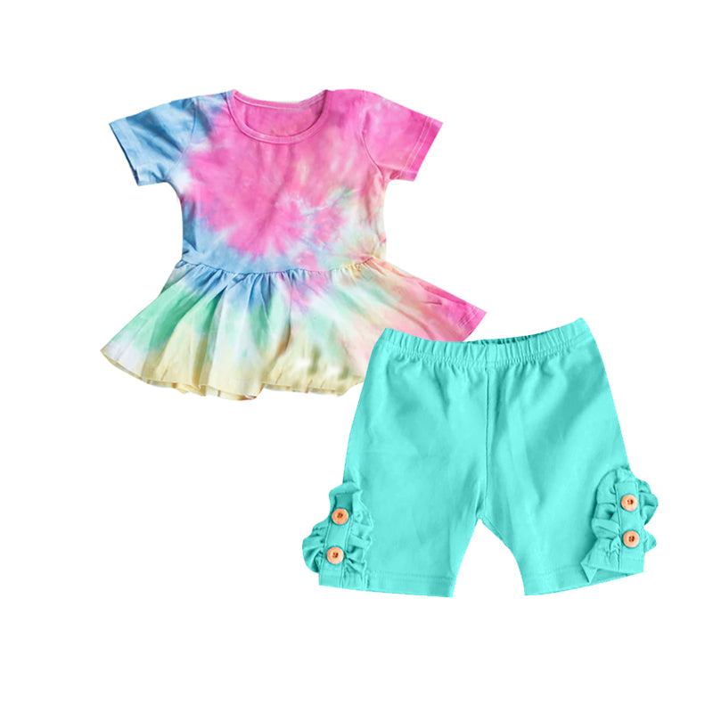 Baby Girls Tie Dye Tunic Top Buttons Light Green Shorts Clothes Sets Preorder