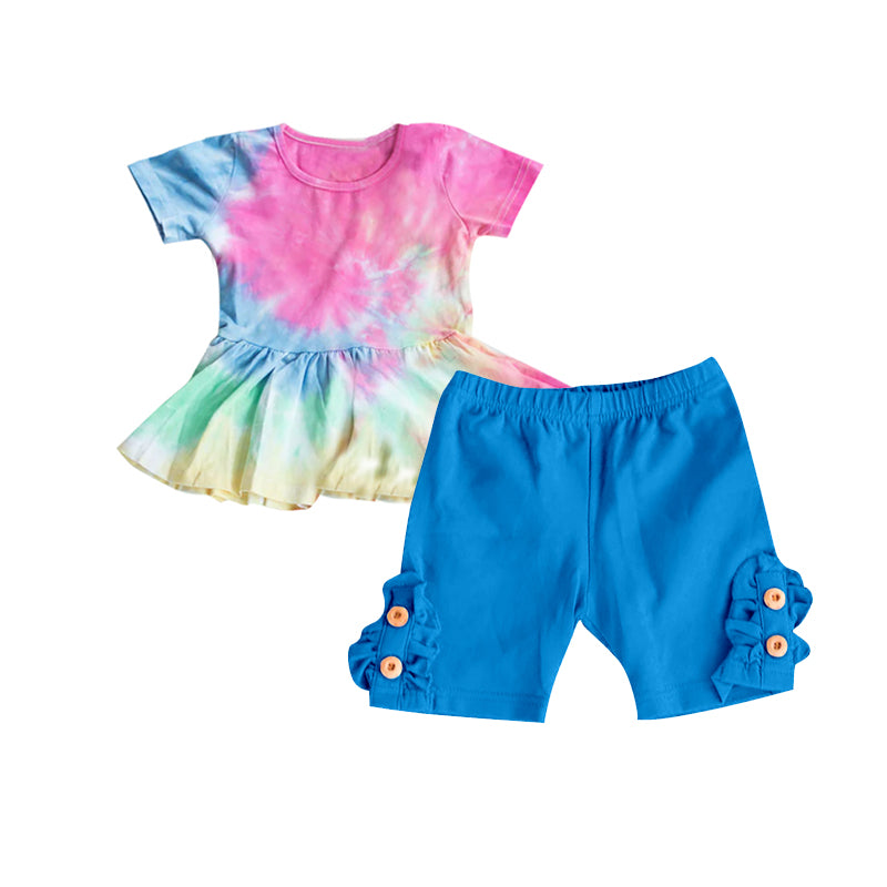 Baby Girls Tie Dye Tunic Top Buttons Royal Blue Shorts Clothes Sets Preorder