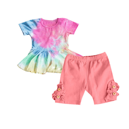 Baby Girls Tie Dye Tunic Top Buttons Watermelon Shorts Clothes Sets Preorder