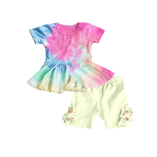 Baby Girls Tie Dye Tunic Top Buttons Shorts Clothes Sets Preorder