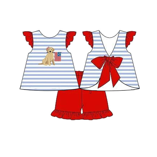 Baby Girls 4th Of July Dog Flag Bow Top Ruffle Shorts Clothing Sets preorder