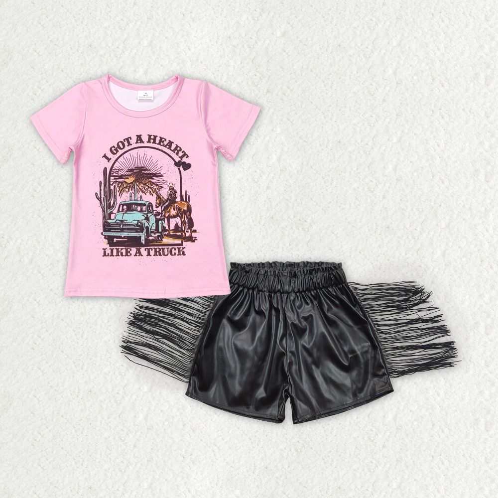 Baby Girls Heart Truck Shirts Tassel Leather Shorts Clothes Sets