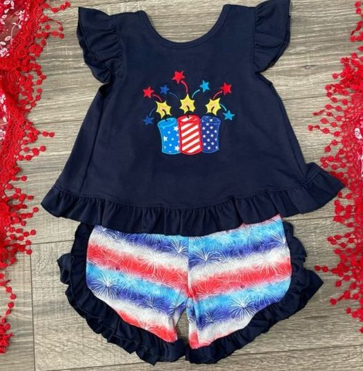 Baby Girls 4th Of July Firework Tunic Top Ruffle Shorts Clothes Sets preorder