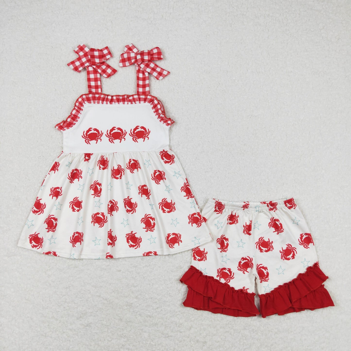 Sibling Baby Girls Strap Crabs Starfishes Tunic Ruffle Shorts Clothes Sets
