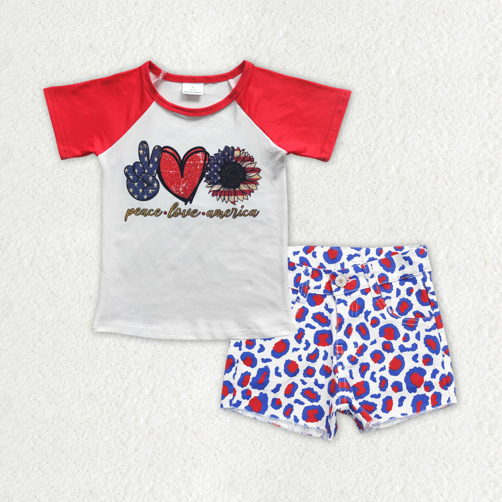 Baby Girls Peace Love Merica Shirts 4th Of July Leopard Denim Shorts Clothes Sets