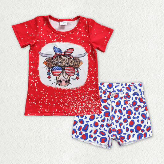 Baby Girls Cow Red Shirts 4th Of July Leopard Denim Shorts Clothes Sets