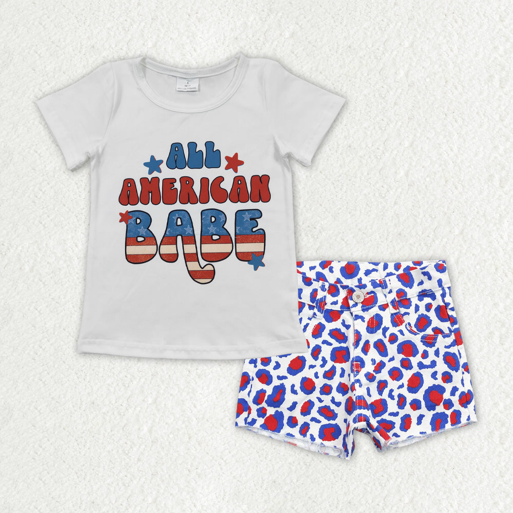 Baby Girls All American Babe Shirts 4th Of July Leopard Denim Shorts Clothes Sets