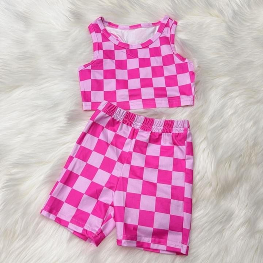 Baby Girls Pink Checkered Sleeveless Top Summer Shorts Clothes Sets Preorder