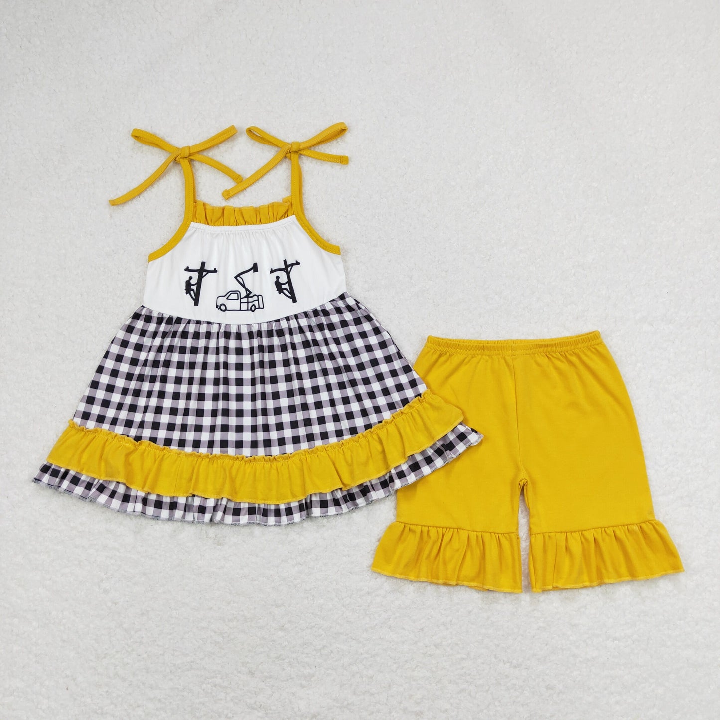 Sibling Baby Girls Summer Cars Linemen Tunic Ruffle Shorts Clothes Sets