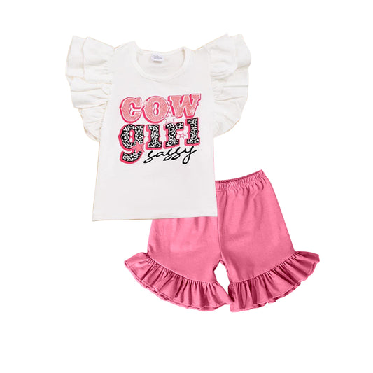 Baby Girls Cow Girl Sassy Shirt Tops Ruffle Shorts Outfits Clothes Sets preorder