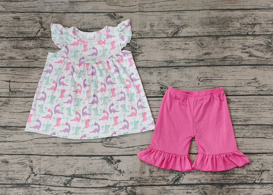 Baby Girls Dinosaurs Tunic Tops Ruffle Pink Shorts Clothes Sets