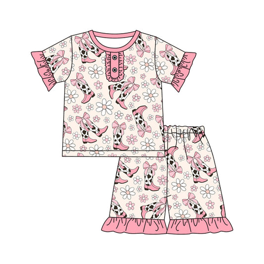 Baby Girls Pink Flowers Boots Shirt Top Ruffle Shorts Clothes Sets Preorder