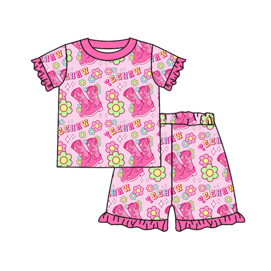 Baby Girls Doll Pink Yeehaw Flowers Boots Shirt Top Ruffle Shorts Clothes Sets Preorder