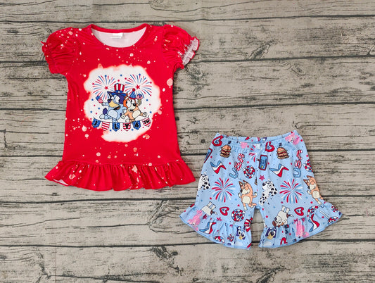 Baby Girls 4th Of July Dogs Shirt Ruffle Shorts Clothes Sets