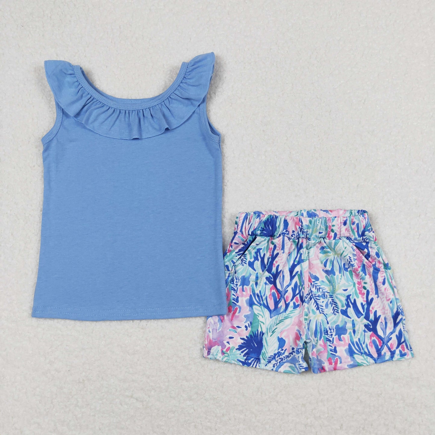 USA Shop Baby Girls Blue Cotton Shirt Top Flowers Shorts Clothes Sets