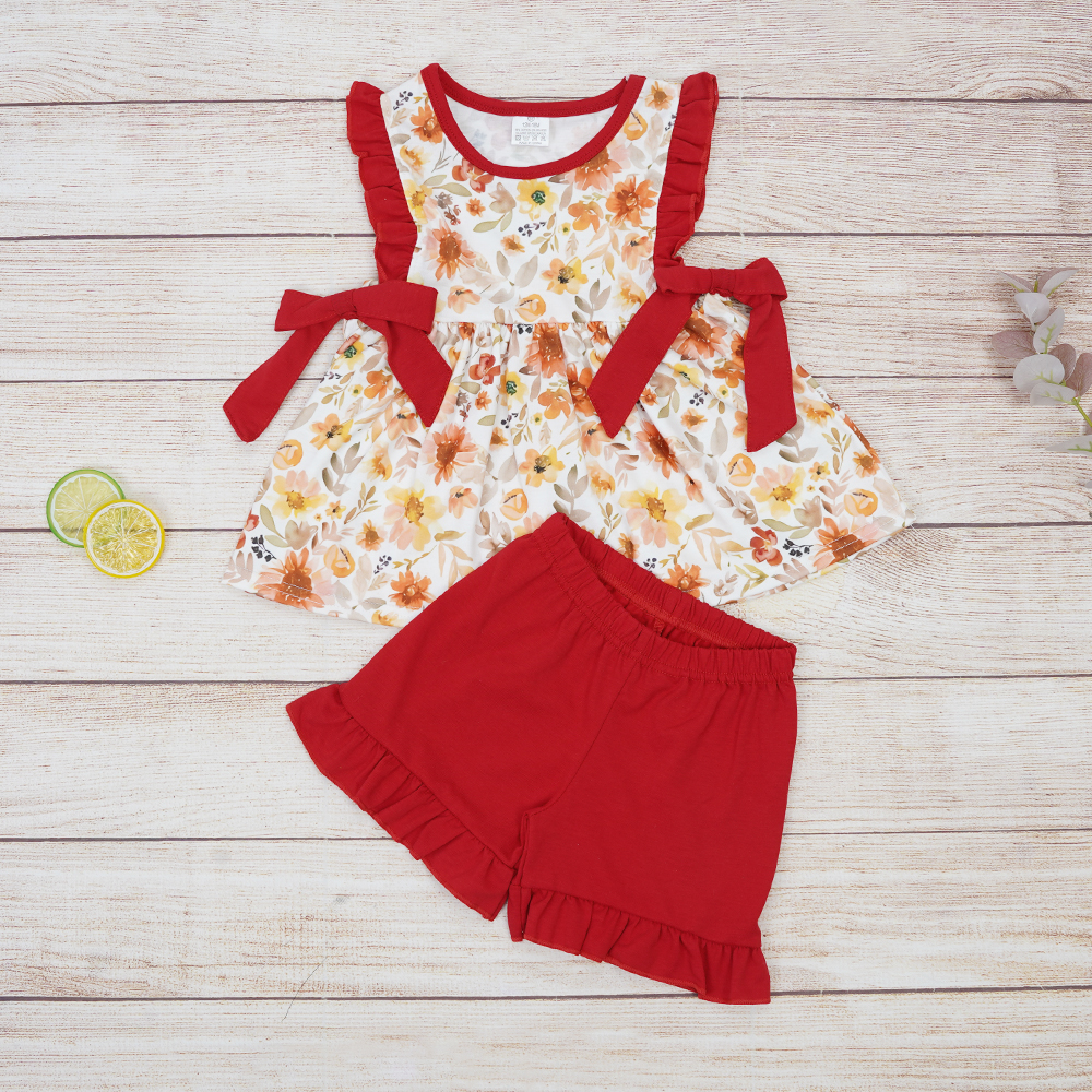 Baby Girls Red Flowers Tunic Top Ruffle Shorts Clothes Sets Preorder