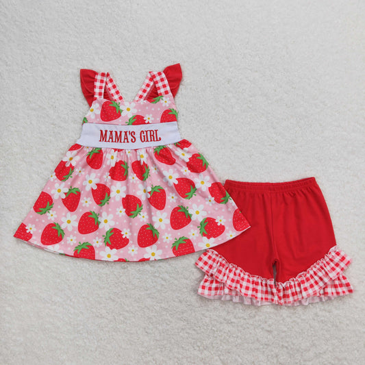 USA Shop Embroidery Mama's Girls Strawberry Tunic Ruffle Short Clothes Set