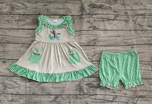 Baby Girls Duck Green Checkered Tunic Top Shorts Clothes Sets