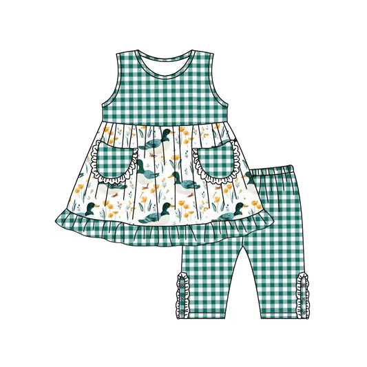 Baby Girls Ducks Tunic Top Green Checkered Capris Clothes Sets Preorder