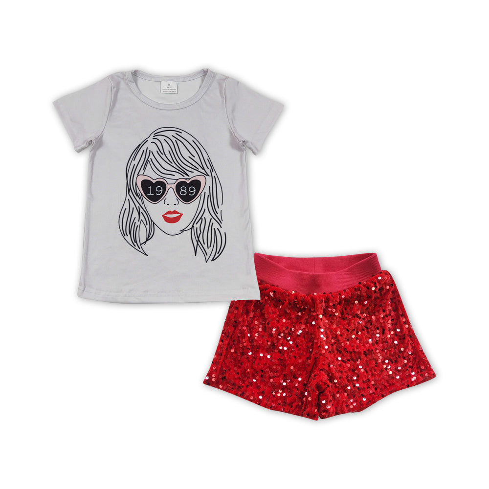 Baby Girls Singer Grey Shirt Red Sequin Shorts Clothes Sets