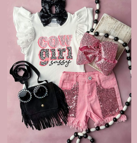 Baby Girls Western Sassy Cowgirl Shirt Pink Sequin Shorts Outfits Sets preorder