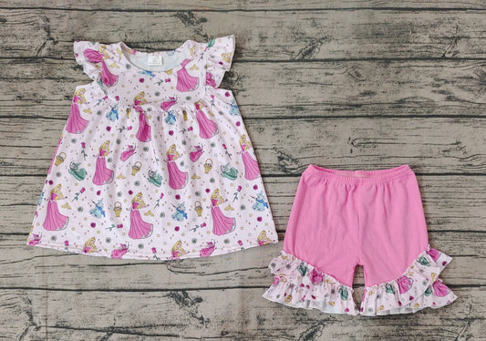 Baby Girls Pink Princess Flowers Tunic Ruffle Shorts Clothes Sets