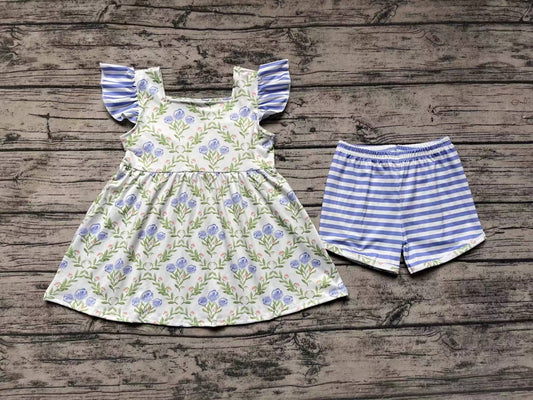 Baby Girls Green Blue Flowers Flutter Sleeve Tunic Top Shorts Clothes Sets